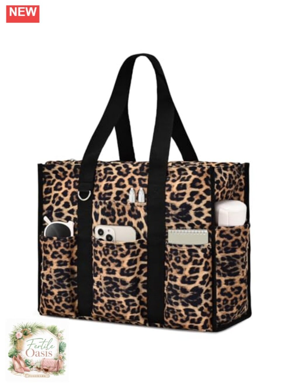 Large Waterproof Tote Bag with 12 Pockets, Top Zipper Closure, for Work School